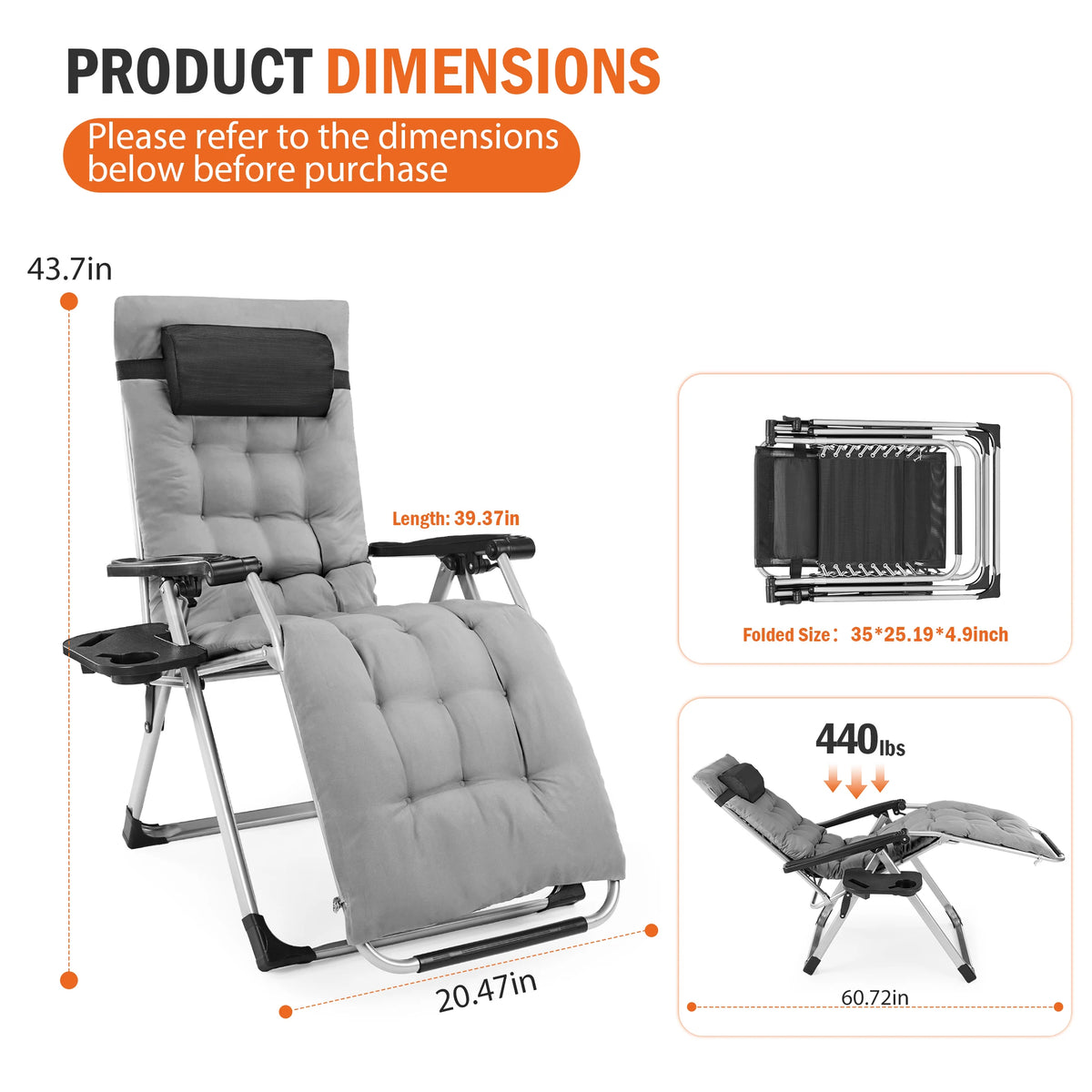 JHK Zero Gravity Reclining Camping Lounge Chair Cup Holder Trays