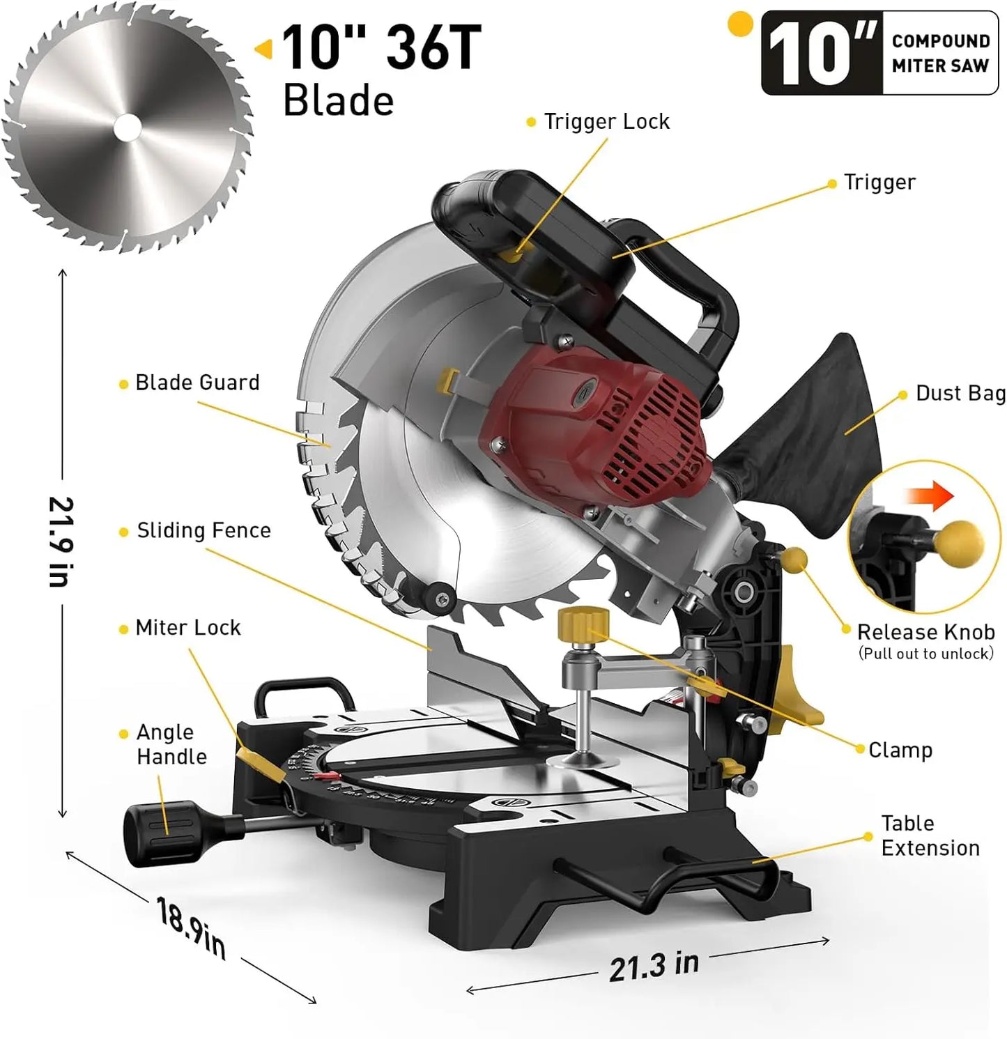 10" Compound Miter Saw Single Bevel 15-Amp, 5000 RPM 0°-45° Left Miter 36-Tooth Cutting Tool Multi-Material Cut Home Improvement