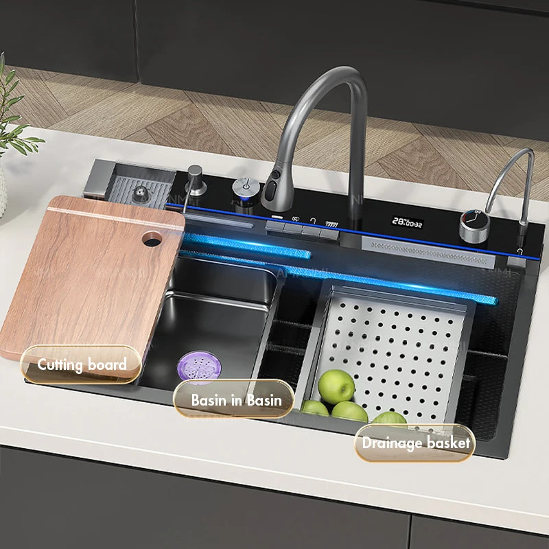 MYQualife 304 Stainless Steel Waterfall Kitchen Sink With Digital Display Faucet