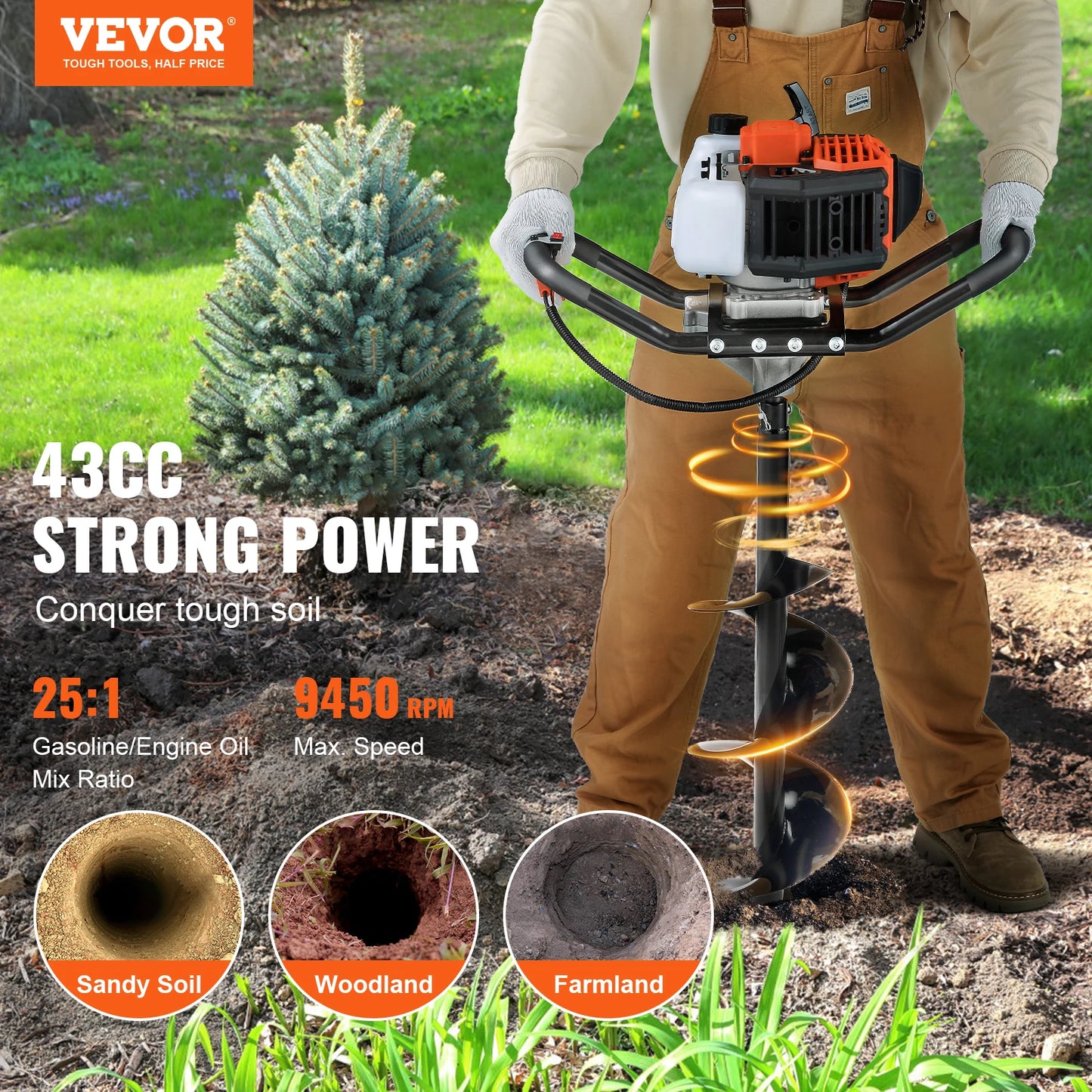 SucceBuy Fuel-powered Auger  Post Hole Digger Gas Powered Earth Auger Borer Ground Petrol Earth Auger Post 52cc/43cc Hole Digger