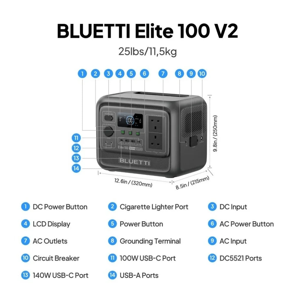 BLUETTI Elite 100 V2 Portable Power Station 1800W 1024Wh LiFePO4 Battery Solar Power Supply for Van Life Tailgating Off Grid Use【Brand New】