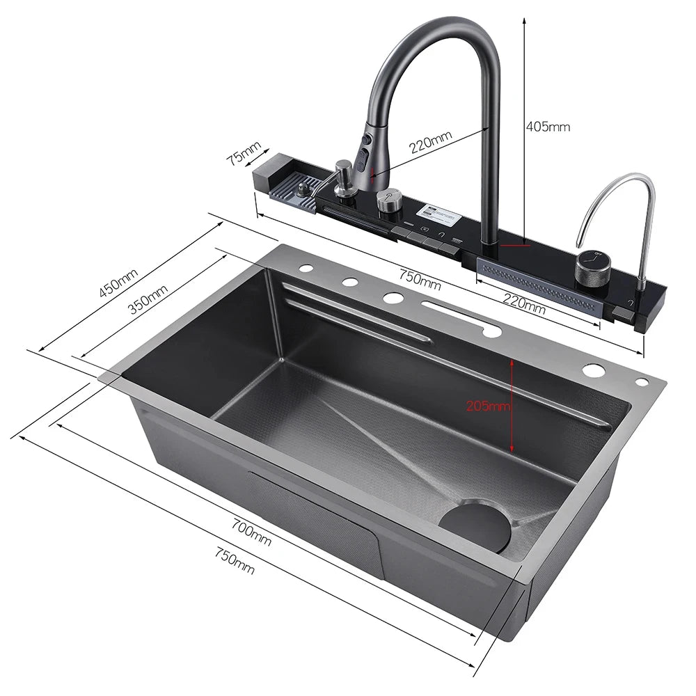 MYQualife 304 Stainless Steel Waterfall Kitchen Sink With Digital Display Faucet