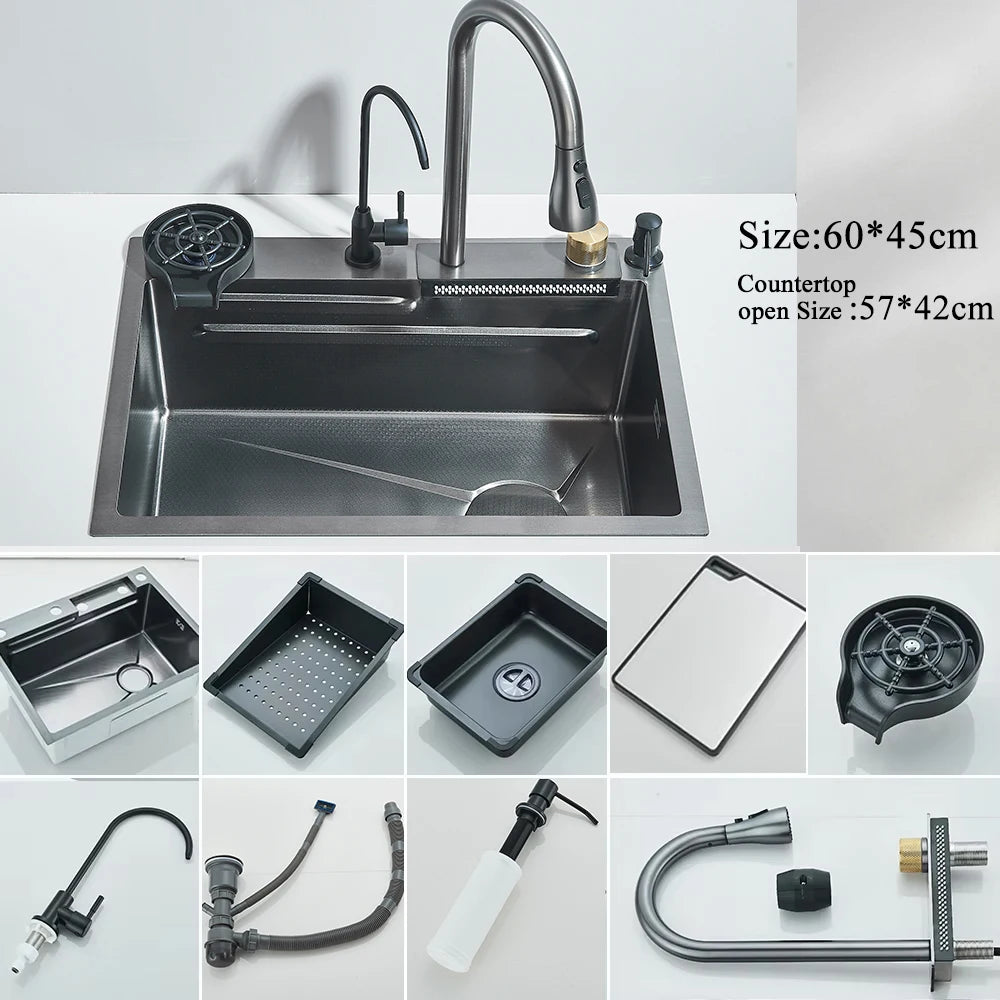 MYQualife 304 Stainless Steel Waterfall Kitchen Sink With Digital Display Faucet