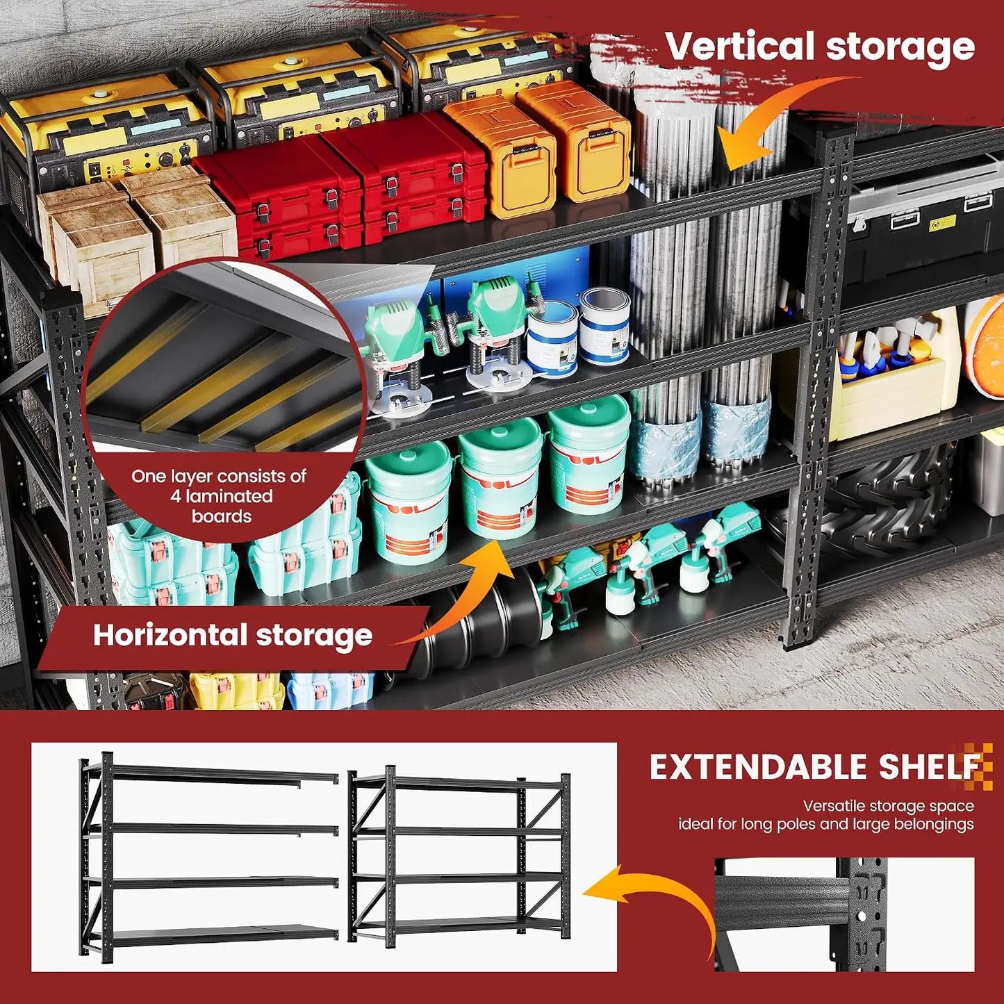 71" Wide Storage Shelves, 5000LBS Garage Shelving Heavy Duty, Standing Shelf Units, 4 Tier Metal Adjustable Storage, Customized