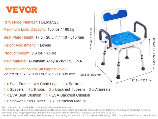 SucceBuy Swivel Shower Chair 360 Degree Adjustable With Armrest Backrest