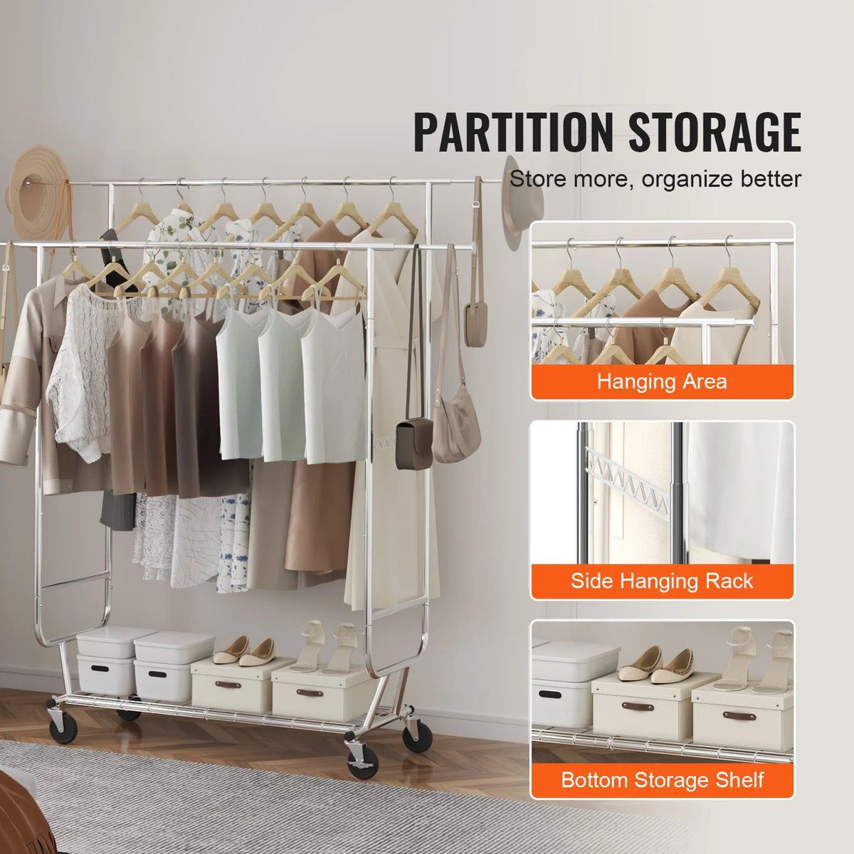 SucceBuy Heavy Duty Bamboo Clothes Rack With Shelf And Wheels