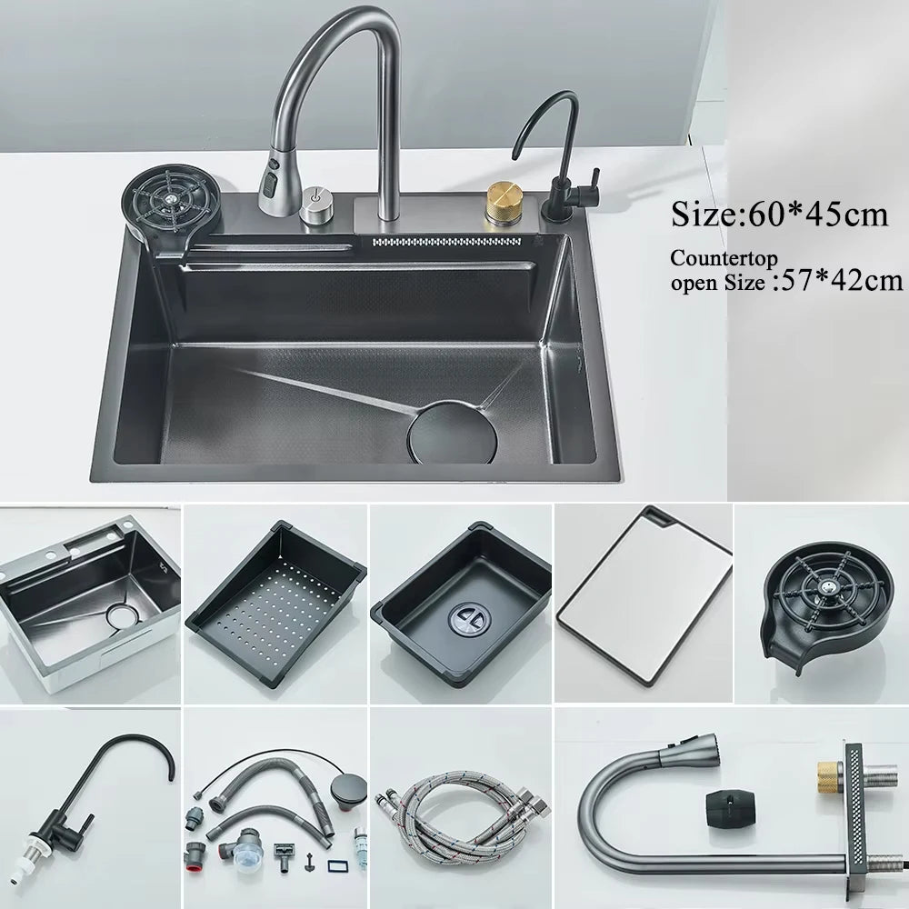 MYQualife 304 Stainless Steel Waterfall Kitchen Sink With Digital Display Faucet