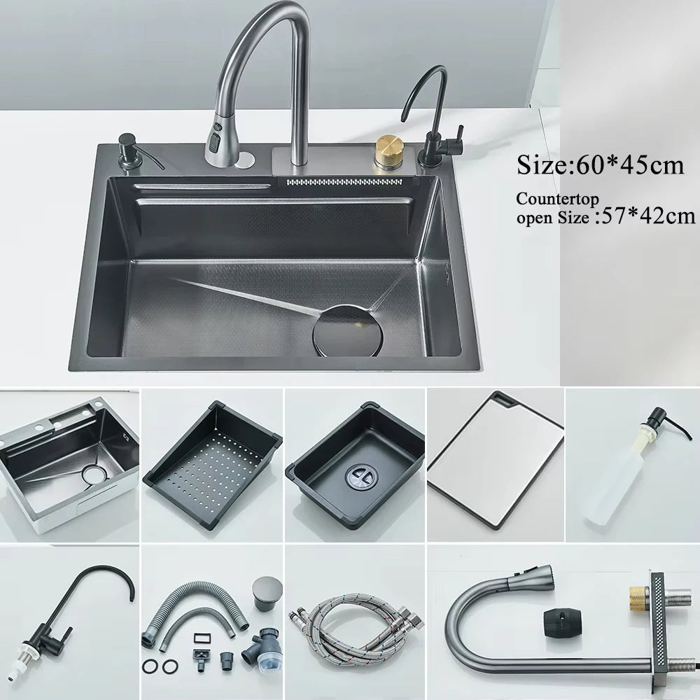 MYQualife 304 Stainless Steel Waterfall Kitchen Sink With Digital Display Faucet