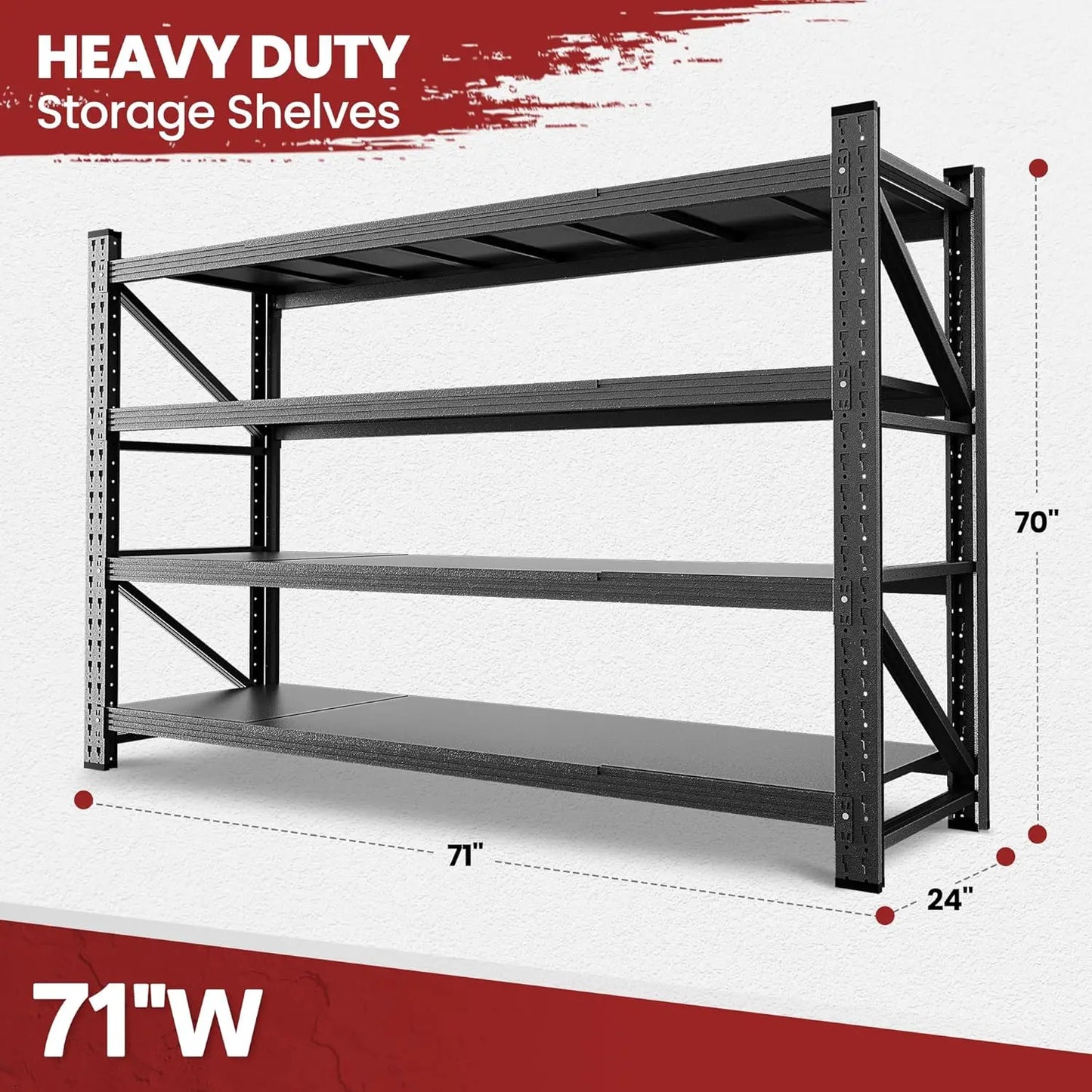 71" Wide Storage Shelves, 5000LBS Garage Shelving Heavy Duty, Standing Shelf Units, 4 Tier Metal Adjustable Storage, Customized
