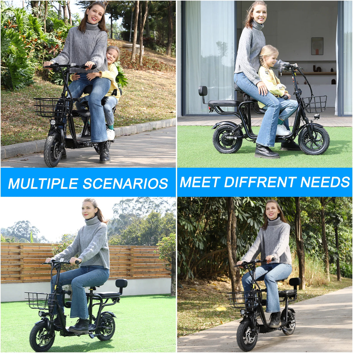 Spacewalk 36V Electric Scooter with 3 Seats for Adults Power by 500W Motor Peak, E Bike with 14" Tire and 20 Miles Range&17.4Mph