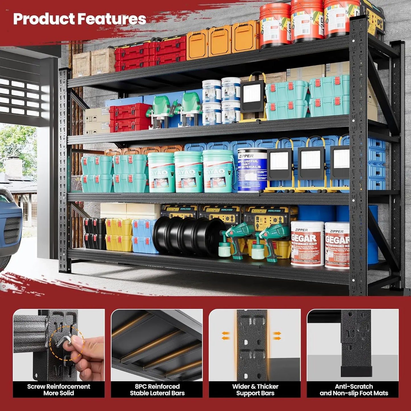 71" Wide Storage Shelves, 5000LBS Garage Shelving Heavy Duty, Standing Shelf Units, 4 Tier Metal Adjustable Storage, Customized