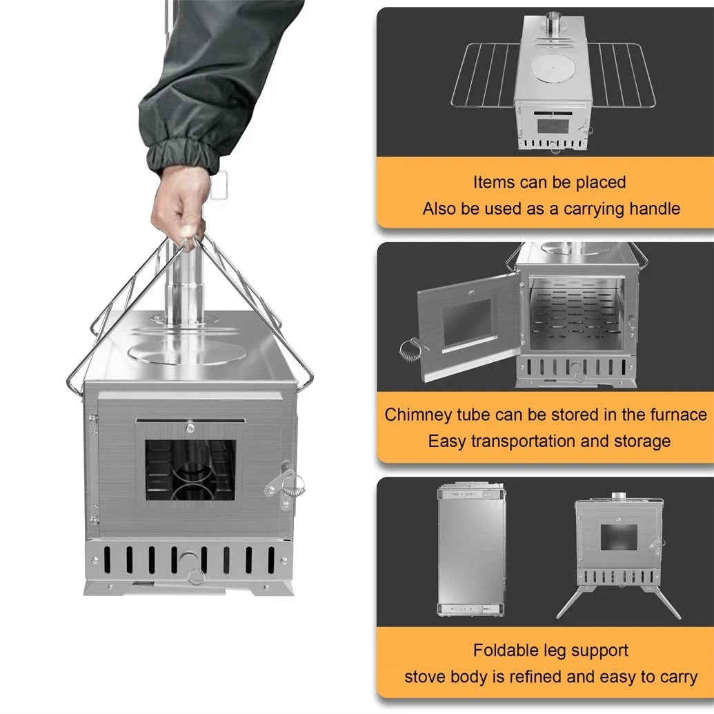 Wood Burning Portable Stove With Six Stainless Chimney Pipes