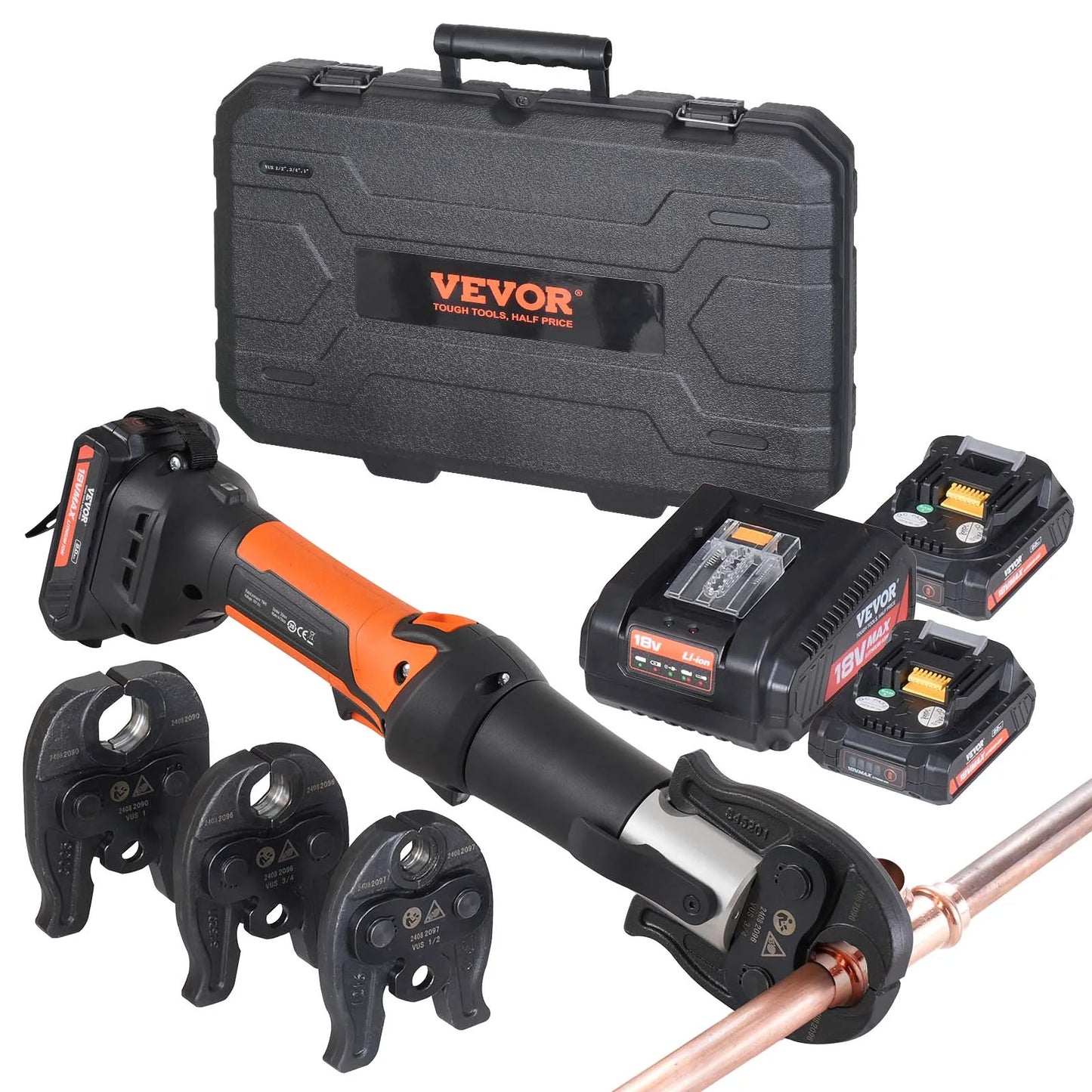SucceBuy Press Tool 18V Electric Pipe Crimping Tool for 1/2" 3/4" 1" Copper Pipes Press Tool Kit with 3 Jaws 2Pcs Battery Compatible with Propress