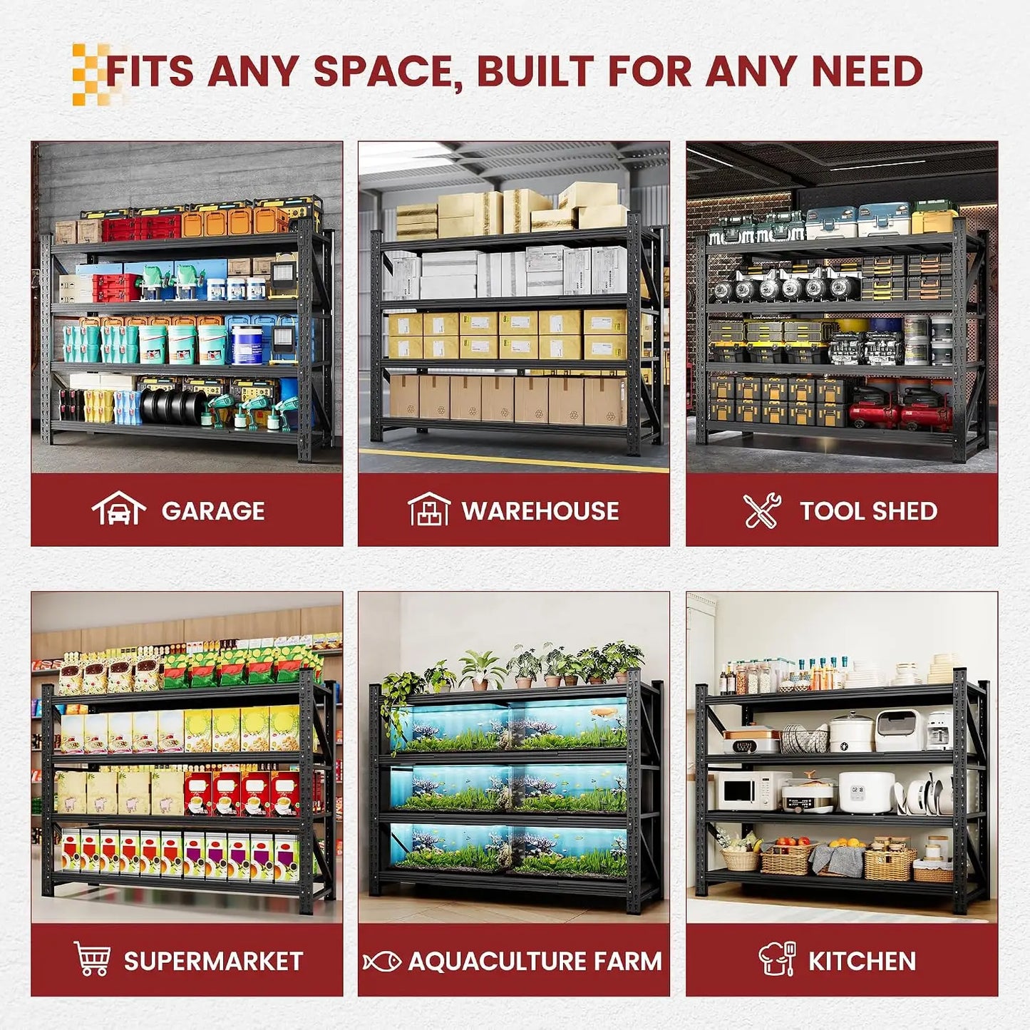 71" Wide Storage Shelves, 5000LBS Garage Shelving Heavy Duty, Standing Shelf Units, 4 Tier Metal Adjustable Storage, Customized