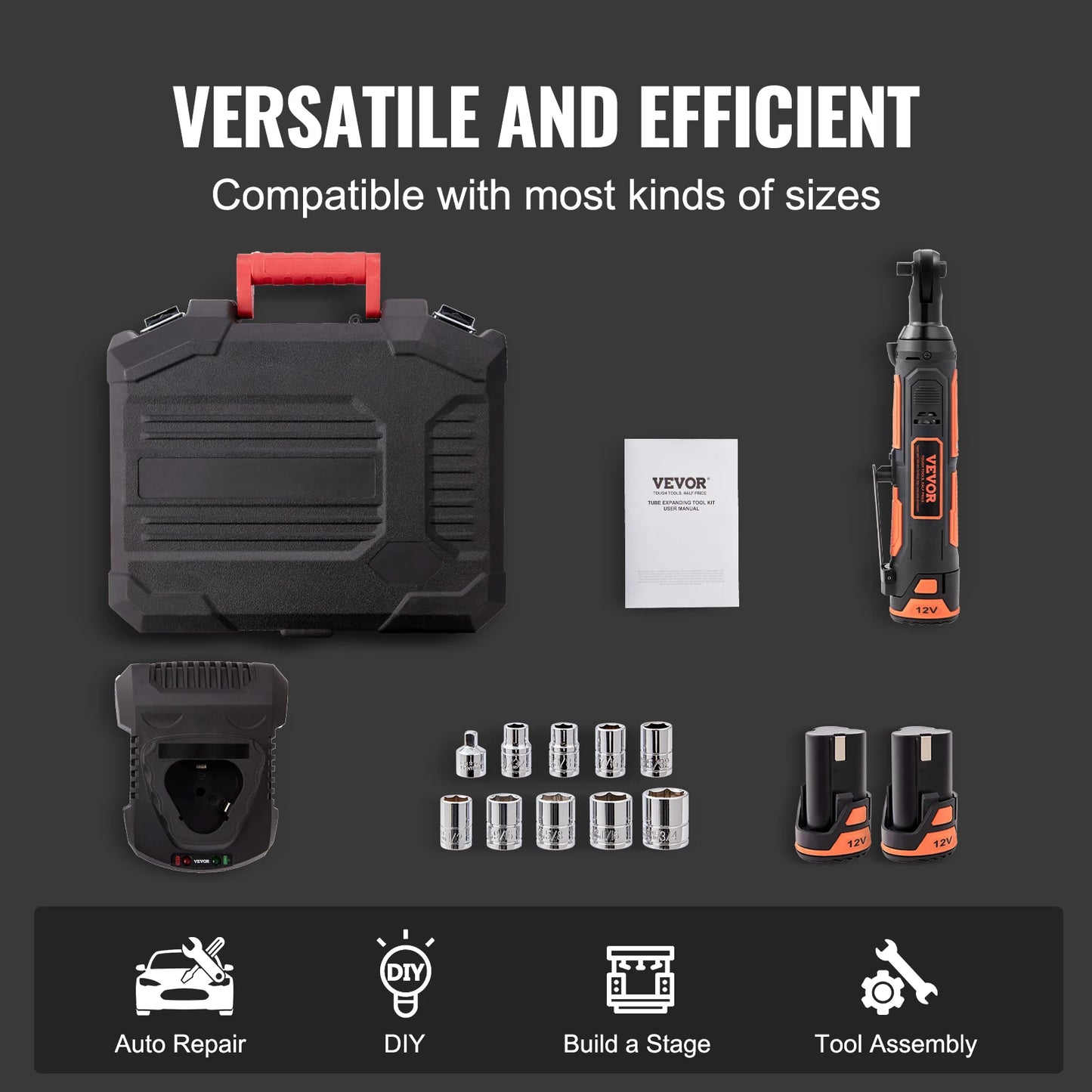 SucceBuy 3/8  Cordless Electric Ratchet Wrench Set 12V 33 Ft-lbs Power Ratchet Tool Kit 45-Min Fast Charge 2-Pack 2.0Ah Battery