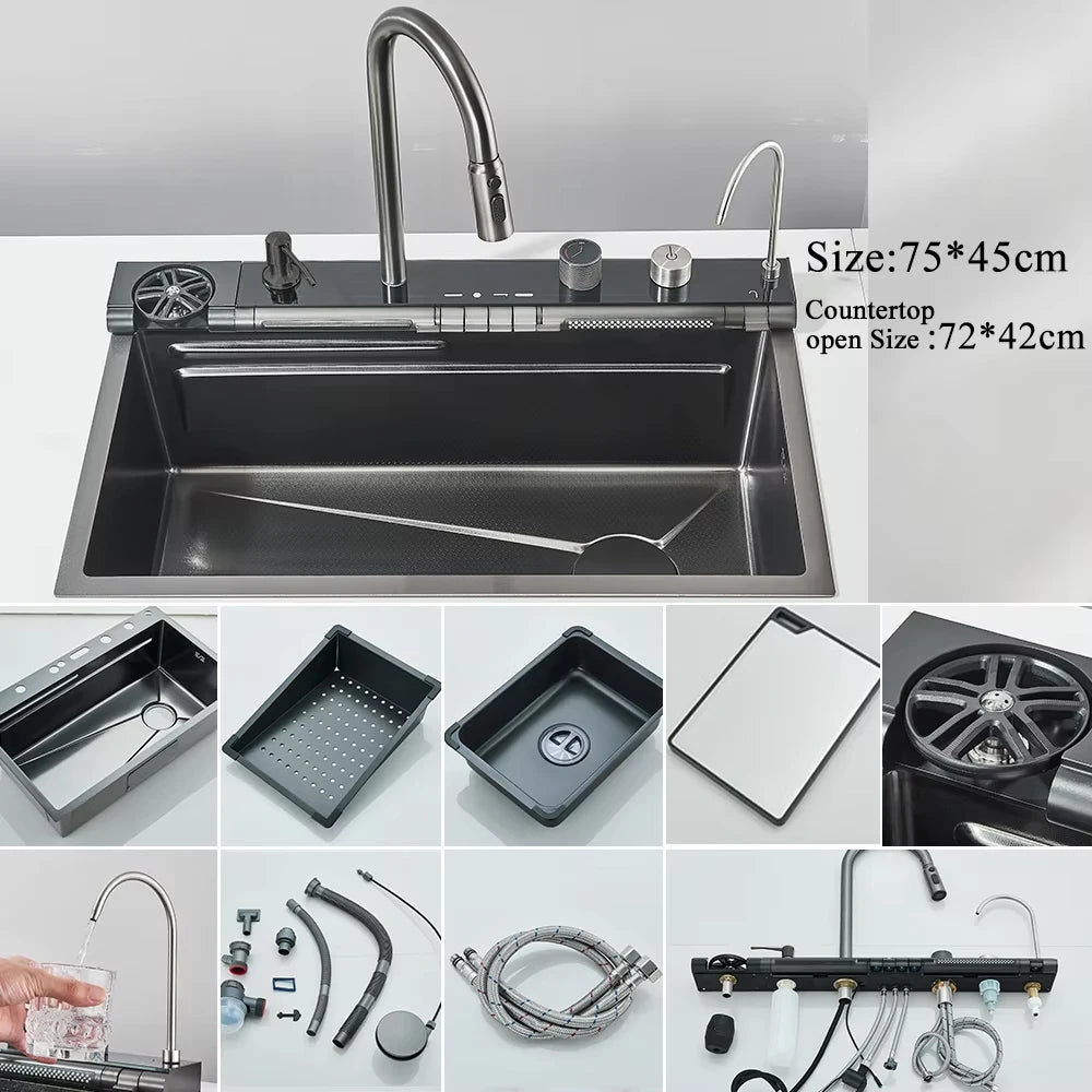 MYQualife 304 Stainless Steel Waterfall Kitchen Sink With Digital Display Faucet