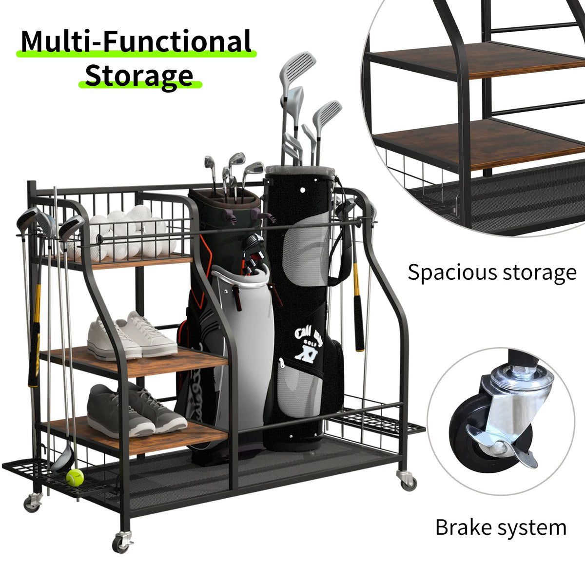 Rolling Metal Sports Equipment Storage Rack With Wheels