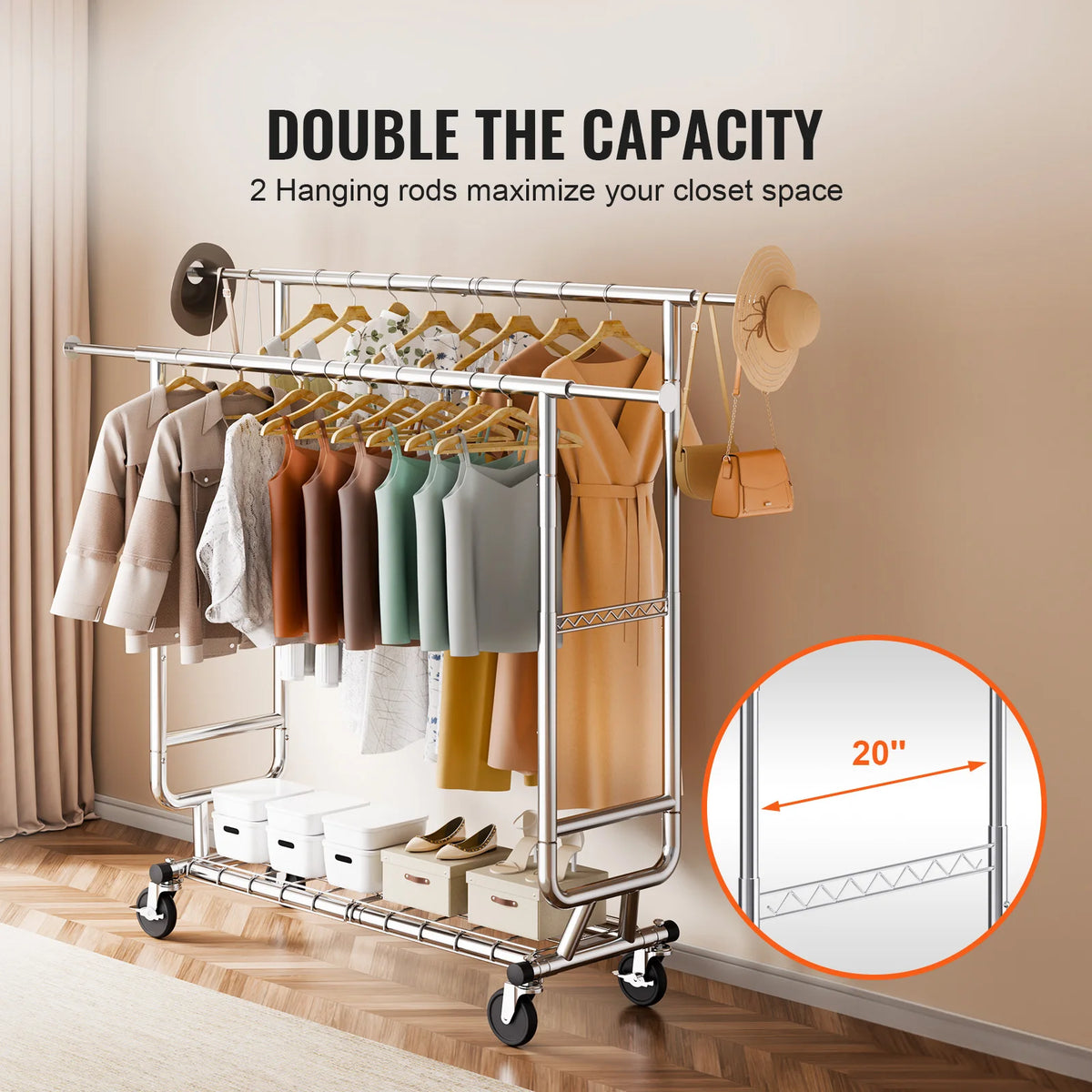 SucceBuy Heavy Duty Bamboo Clothes Rack With Shelf And Wheels
