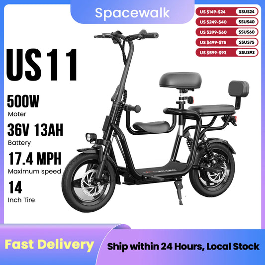 Spacewalk 36V Electric Scooter with 3 Seats for Adults Power by 500W Motor Peak, E Bike with 14" Tire and 20 Miles Range&17.4Mph
