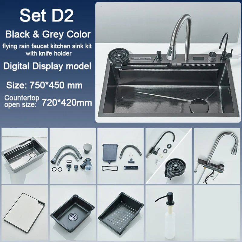 Stainless Steel Kitchen Sink with Faucet 75*45cm Large Single Bowl Digital Display Dish Basin Sink Waterfall Hot Cold Faucets