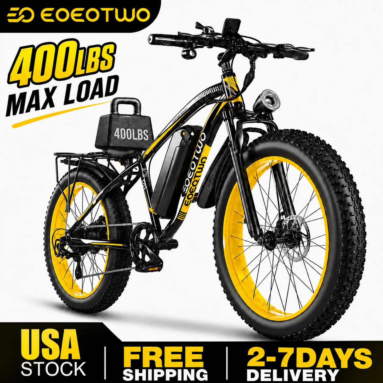 EOEOTWO E01 Heavy Duty Ebike, 400 LBS Capacity, 65Nm High Torque, Front Suspension, Rear Rack, 5 Riding Modes, Phone Holder with Charging