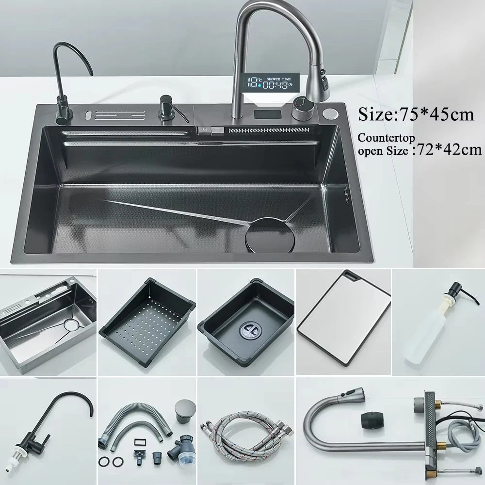 MYQualife 304 Stainless Steel Waterfall Kitchen Sink With Digital Display Faucet