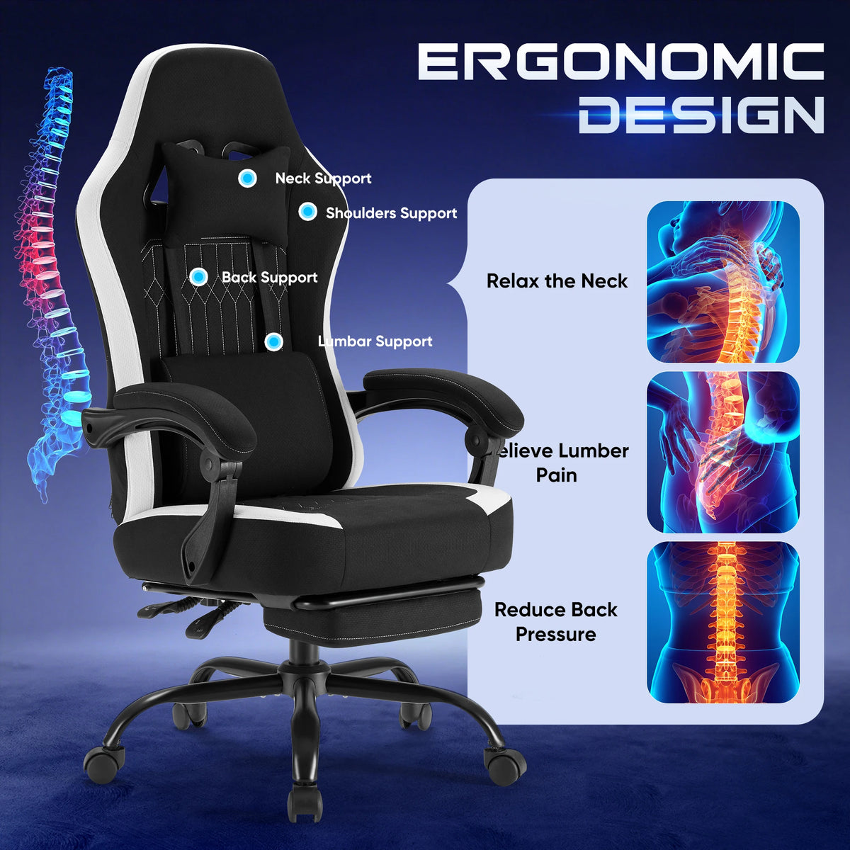 JHK Ergonomic Gaming Chair Adjustable Height Lumbar Support Home Office
