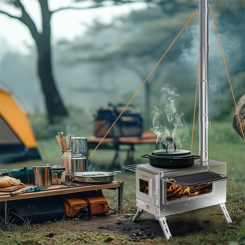 Wood Burning Portable Stove With Six Stainless Chimney Pipes