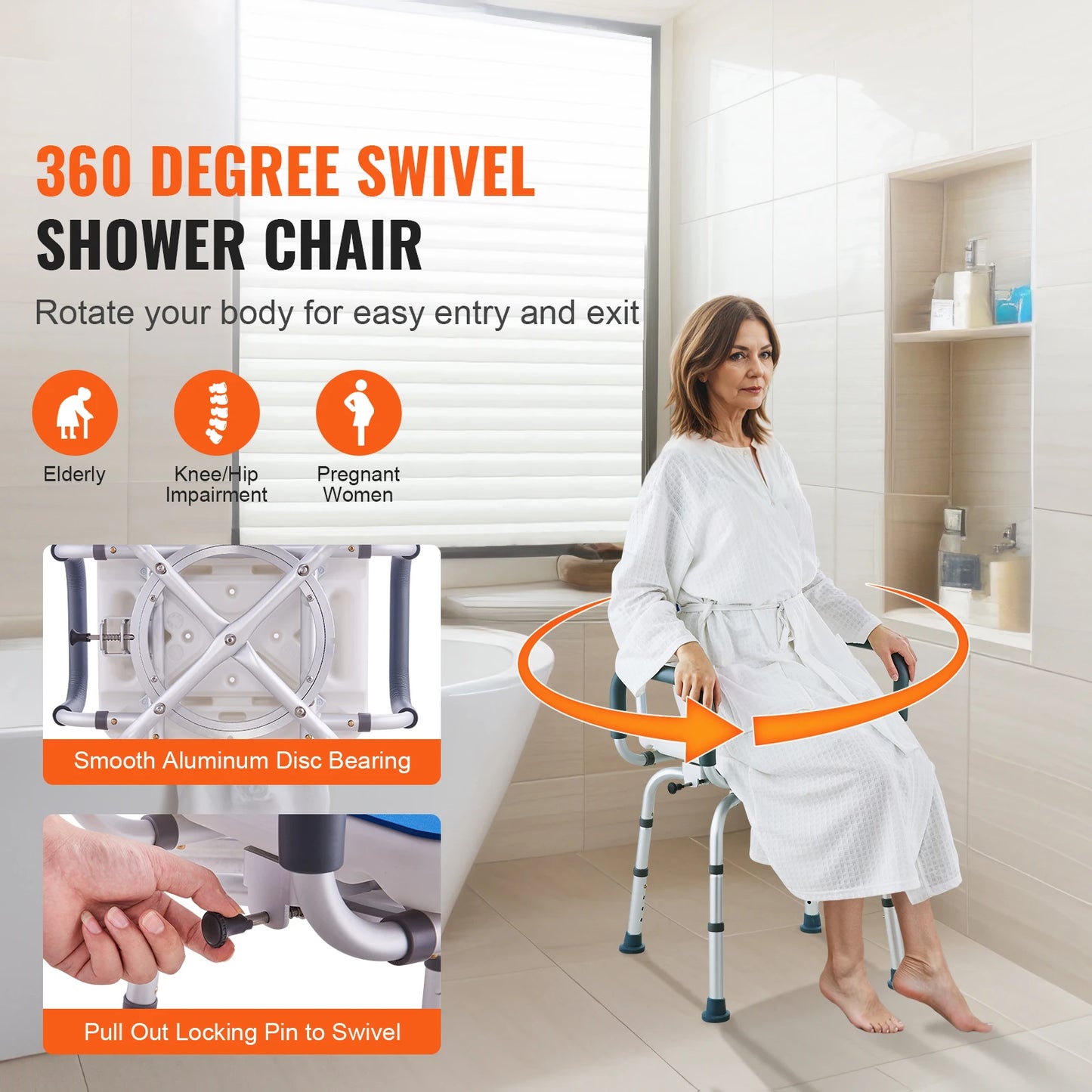 SucceBuy Swivel Shower Chair 360 Degree Adjustable With Armrest Backrest
