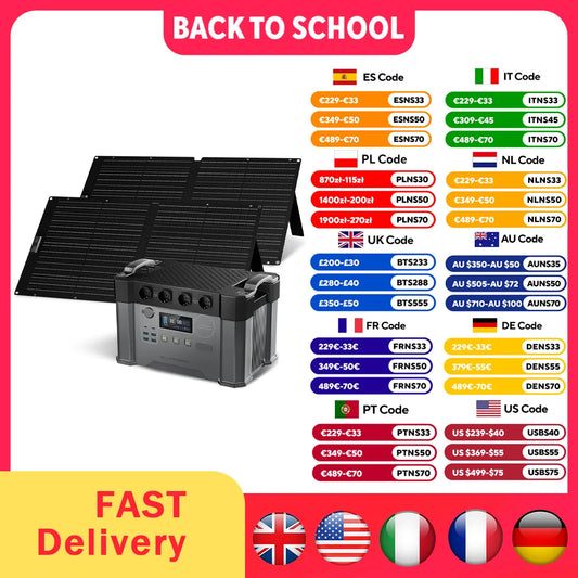 ALLPOWERS Solar Generator 2400W Battery Charger,110V/230V Pure Sine Wave AC Outlet With 2×100W Portable Solar Panel For Outdoors