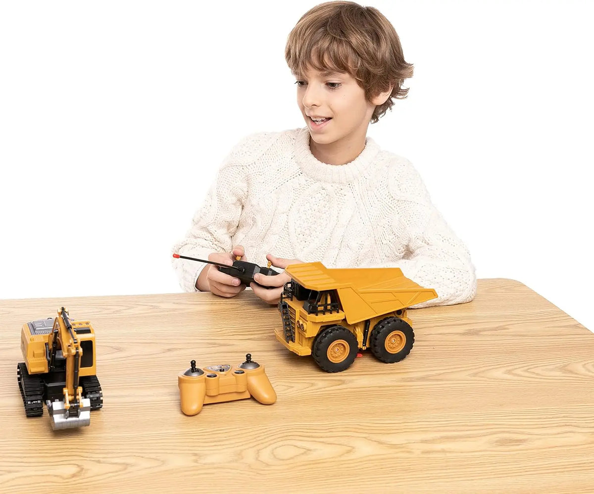 JOYFY 2 PCS Remote Control Construction Vehicle Toy Set Friction-Powered RC Excavator & RC Truck for Kid Christmas Birthday Gift