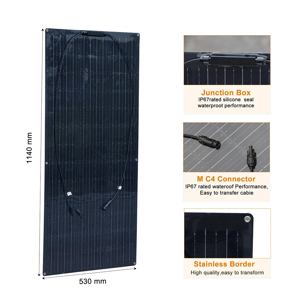BOGUANG Semi-Flexible Solar Panel Balcony Photovoltaic PV 1500W 600W 450W 300W 150W 12 Volt | IP67 | Grade A Cells | PET | ETFE